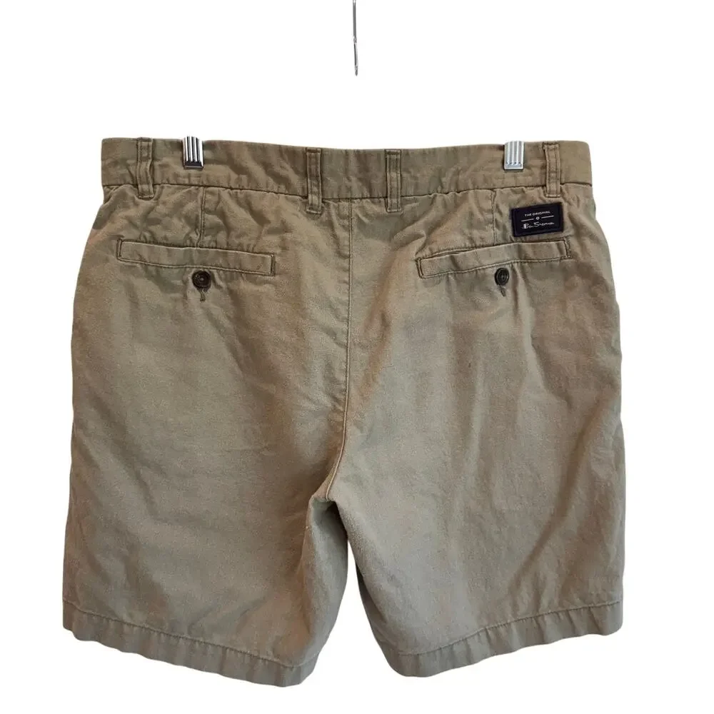 Ben Sherman Regular Fit Linen Cotton Blend Shorts Khaki Green Casual 32W